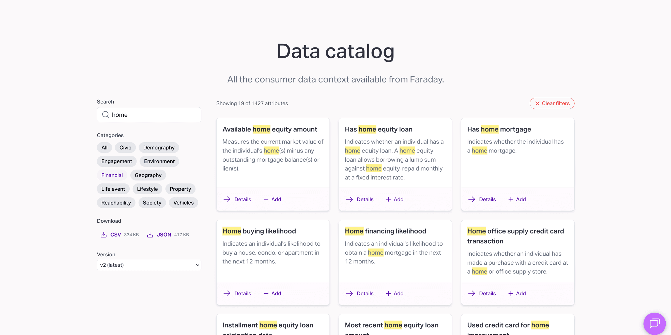 The Faraday data catalog, showing searchable consumer attributes and category filters.