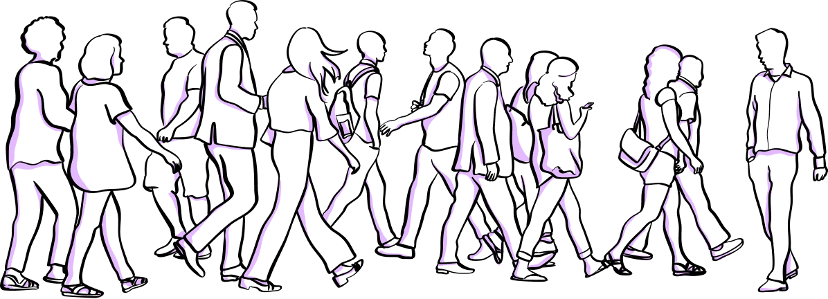 Illustration of a group of people walking around exhibiting behavior