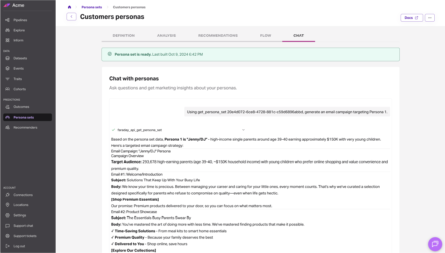 Chat with personas feature in Faraday's dashboard