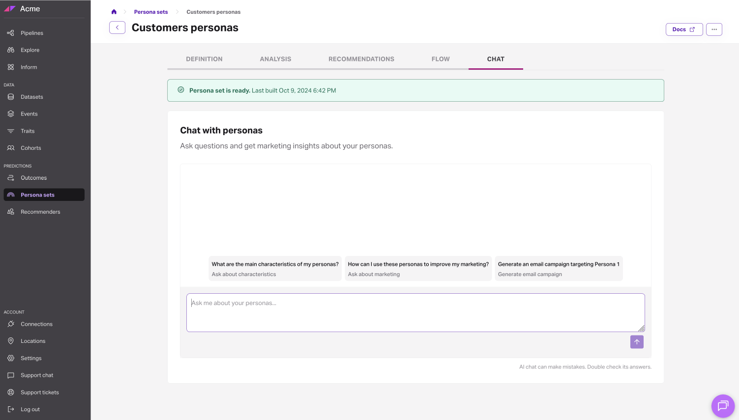 Chat with personas feature in Faraday's dashboard