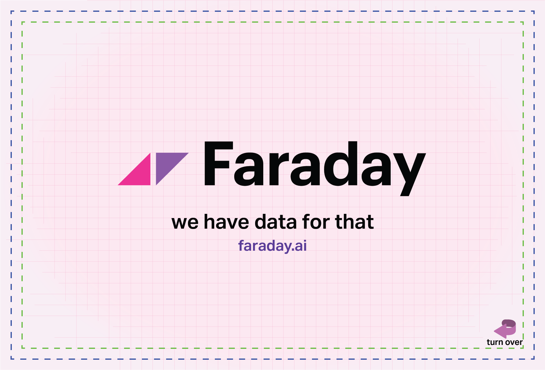 The original AI-assisted Faraday postcard: the Faraday logo with the tagline "we have data for that" and faraday.ai on a pink background