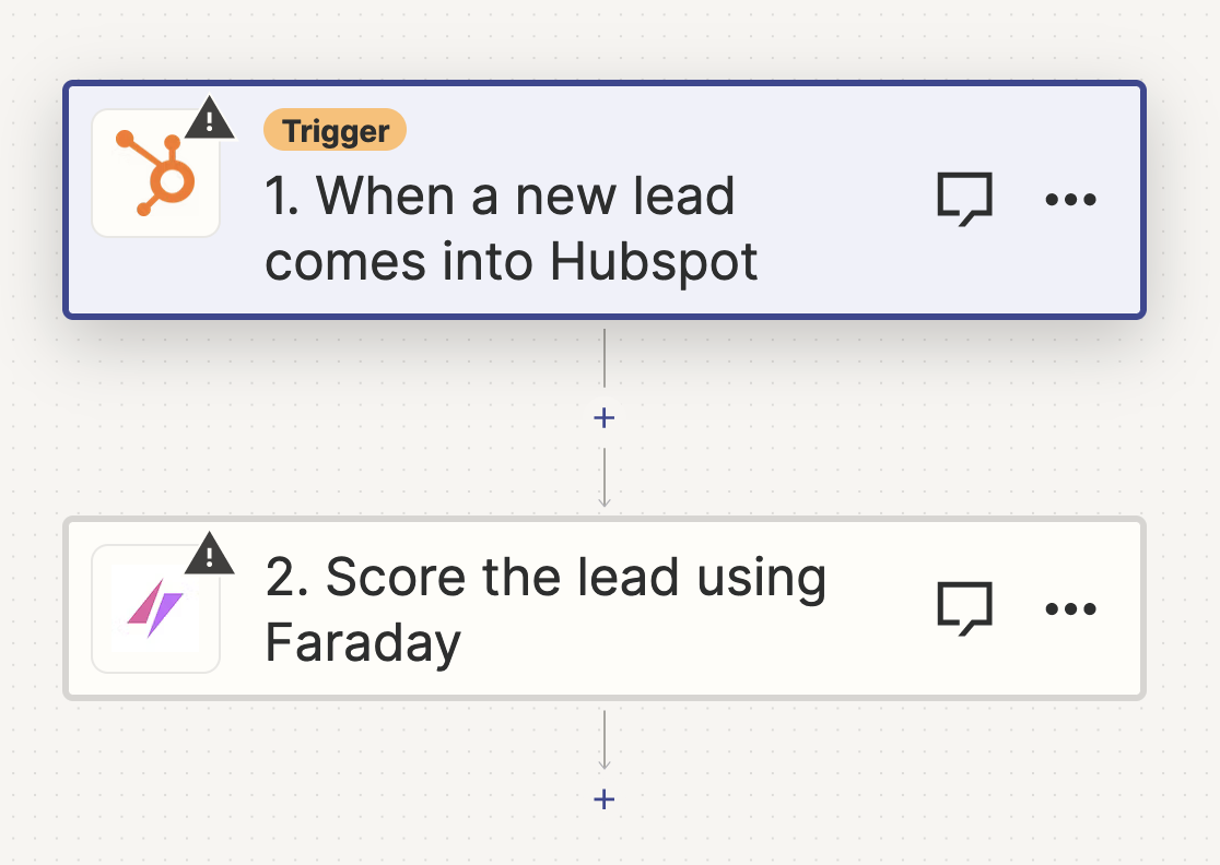 Zapier zap editor for "Score new leads in HubSpot with Faraday"