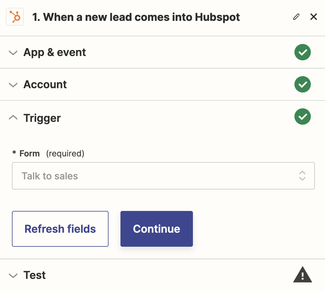 Zapier HubSpot settings for "Score new leads in HubSpot with Faraday"