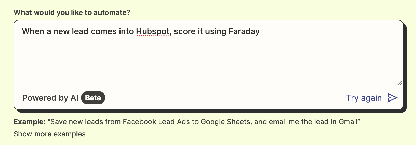 Zapier prompt saying "When a new lead comes into HubSpot, score it using Faraday"