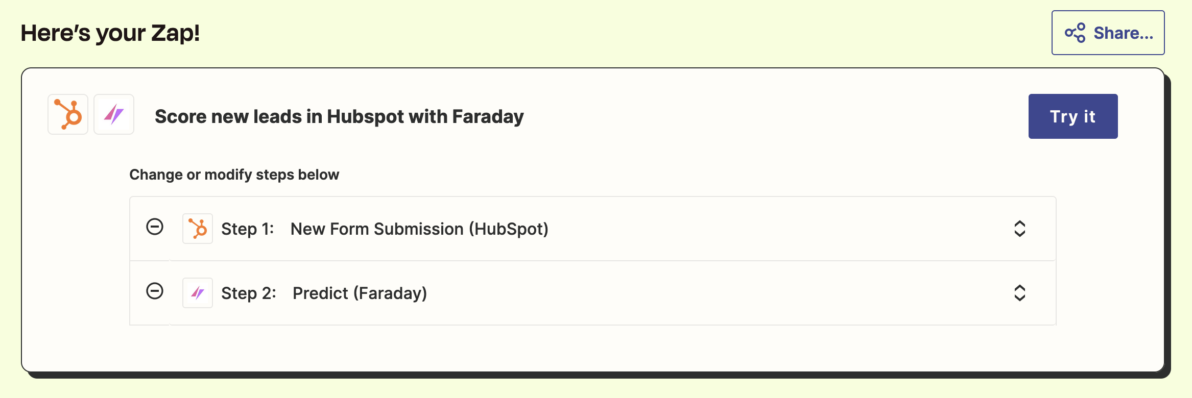 Zapier template for "Score new leads in HubSpot with Faraday"