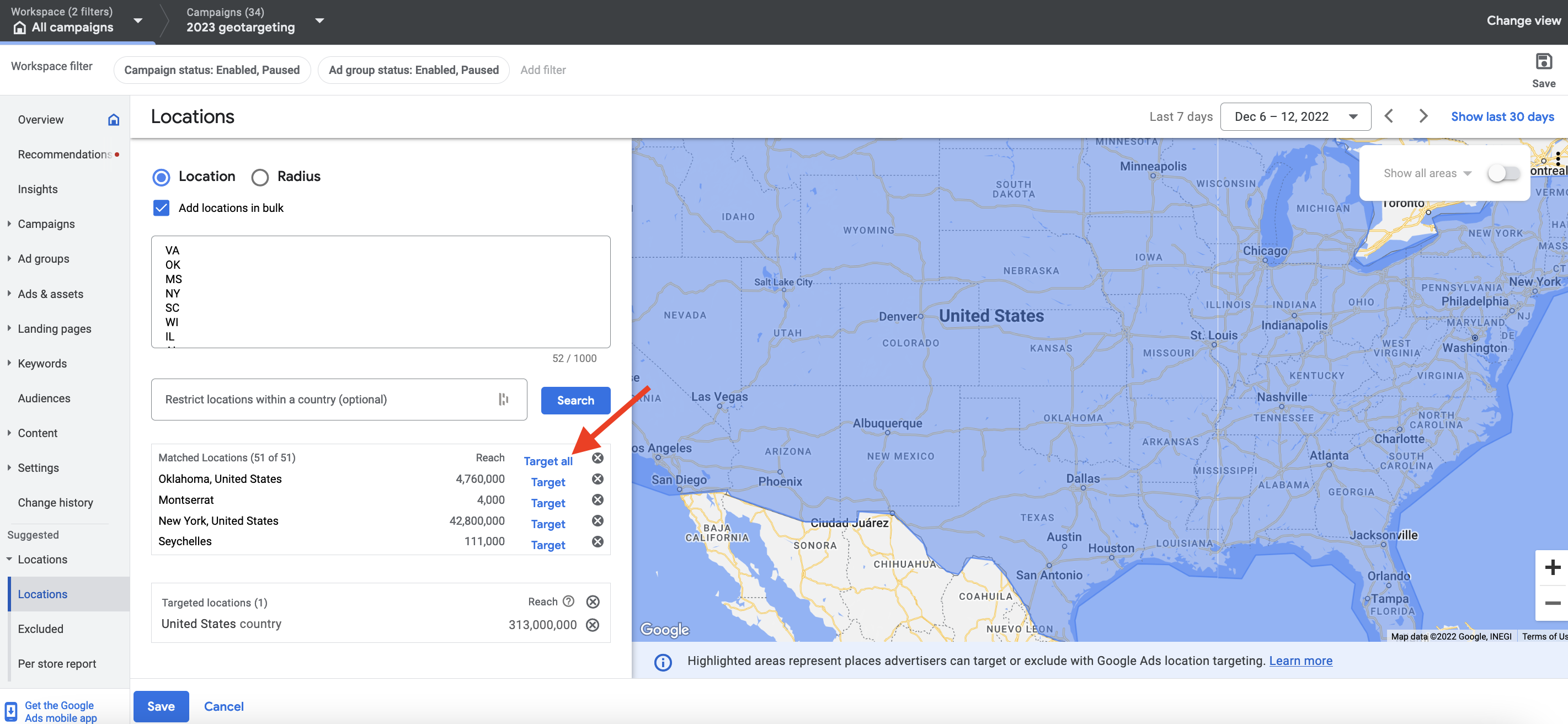 Image of Google Ads target all locations