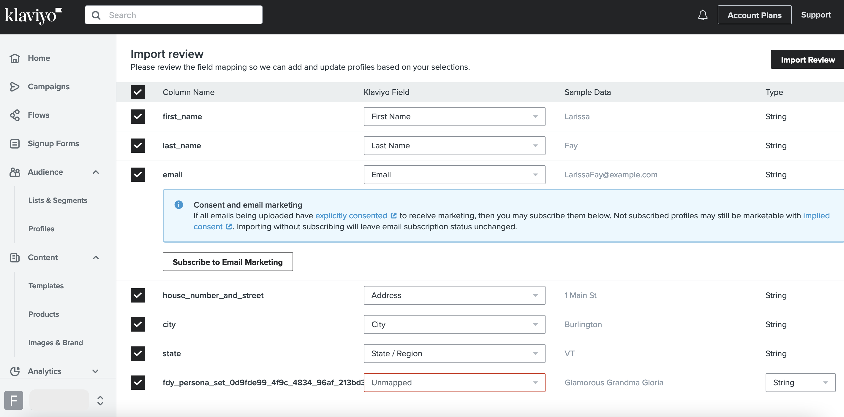 Image of Klaviyo import mapping