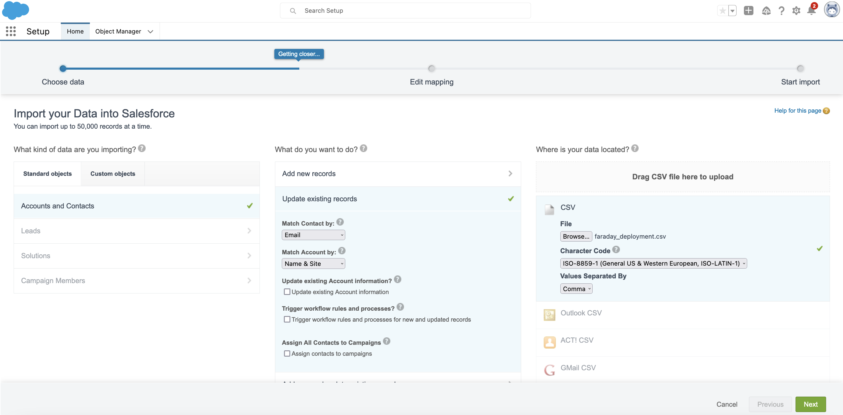 Image of Salesforce update existing records selection