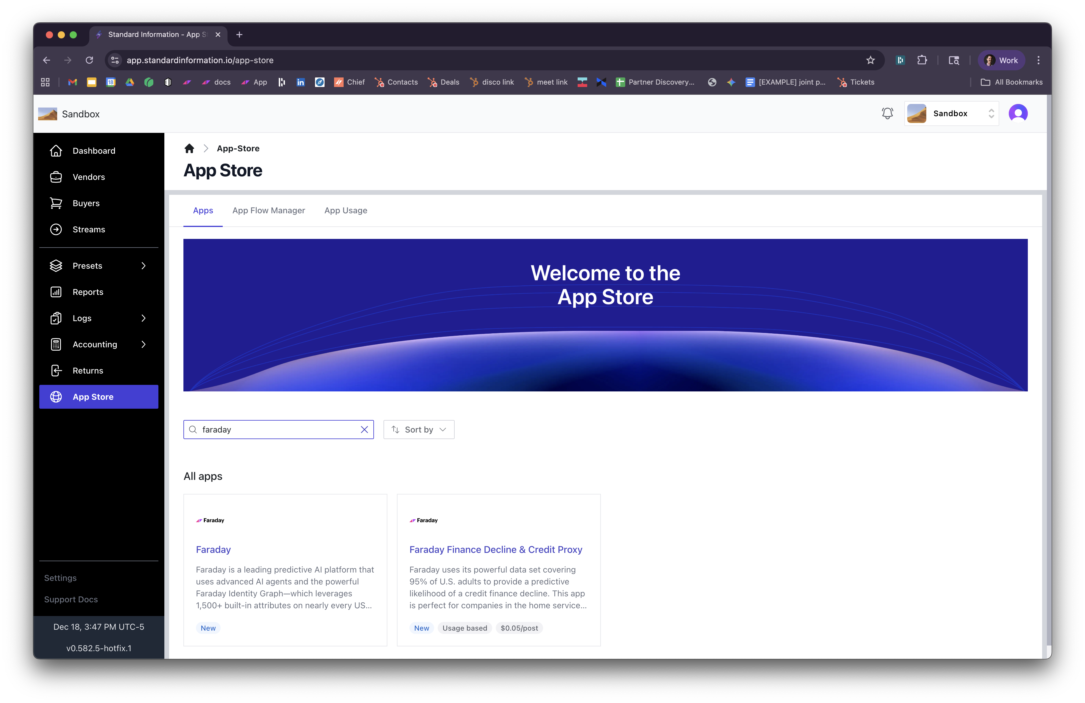 Screenshot of the Standard Information App Marketplace featuring Faraday