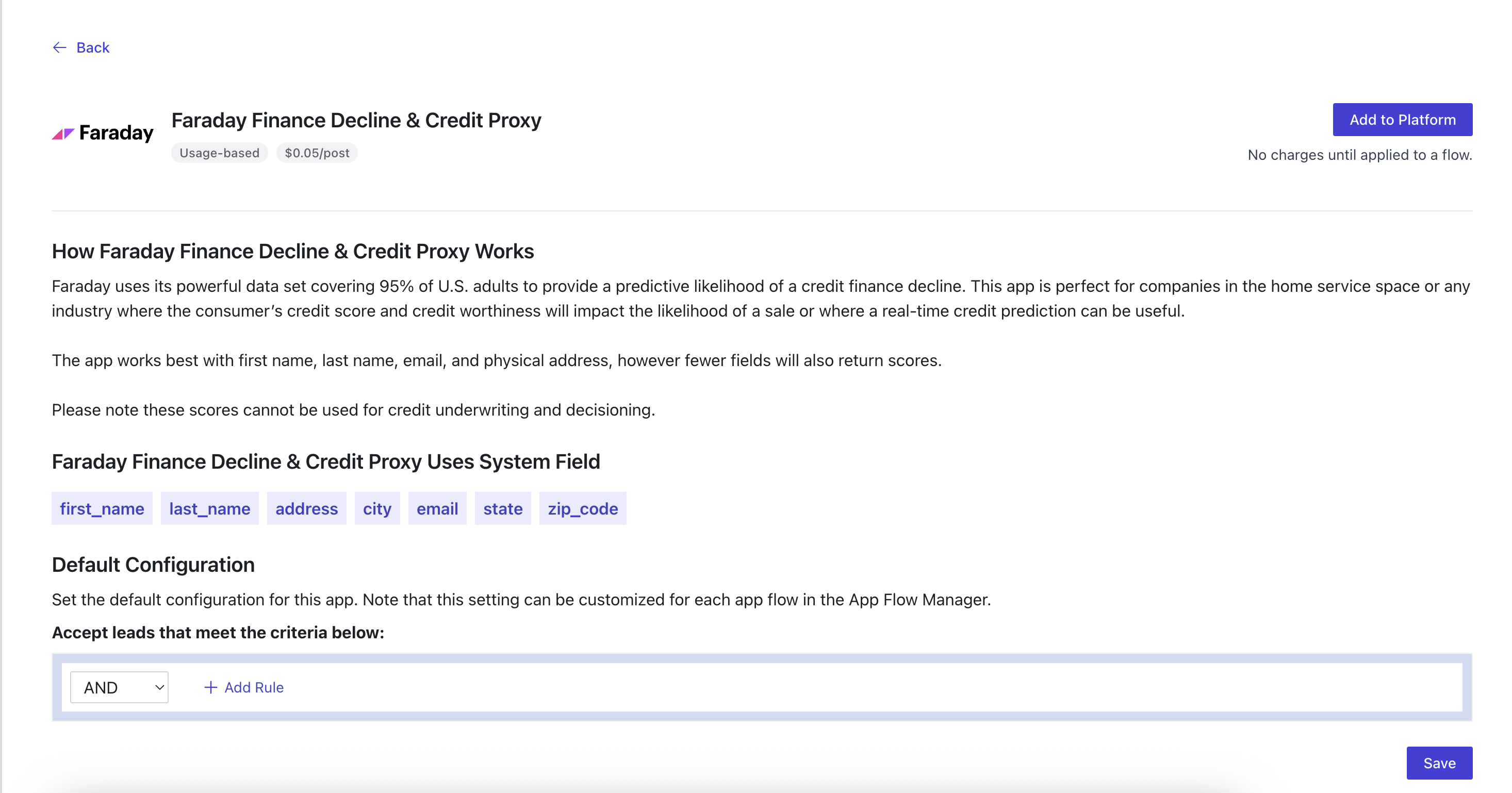 Screenshot of the Faraday page of Standard Information App Marketplace